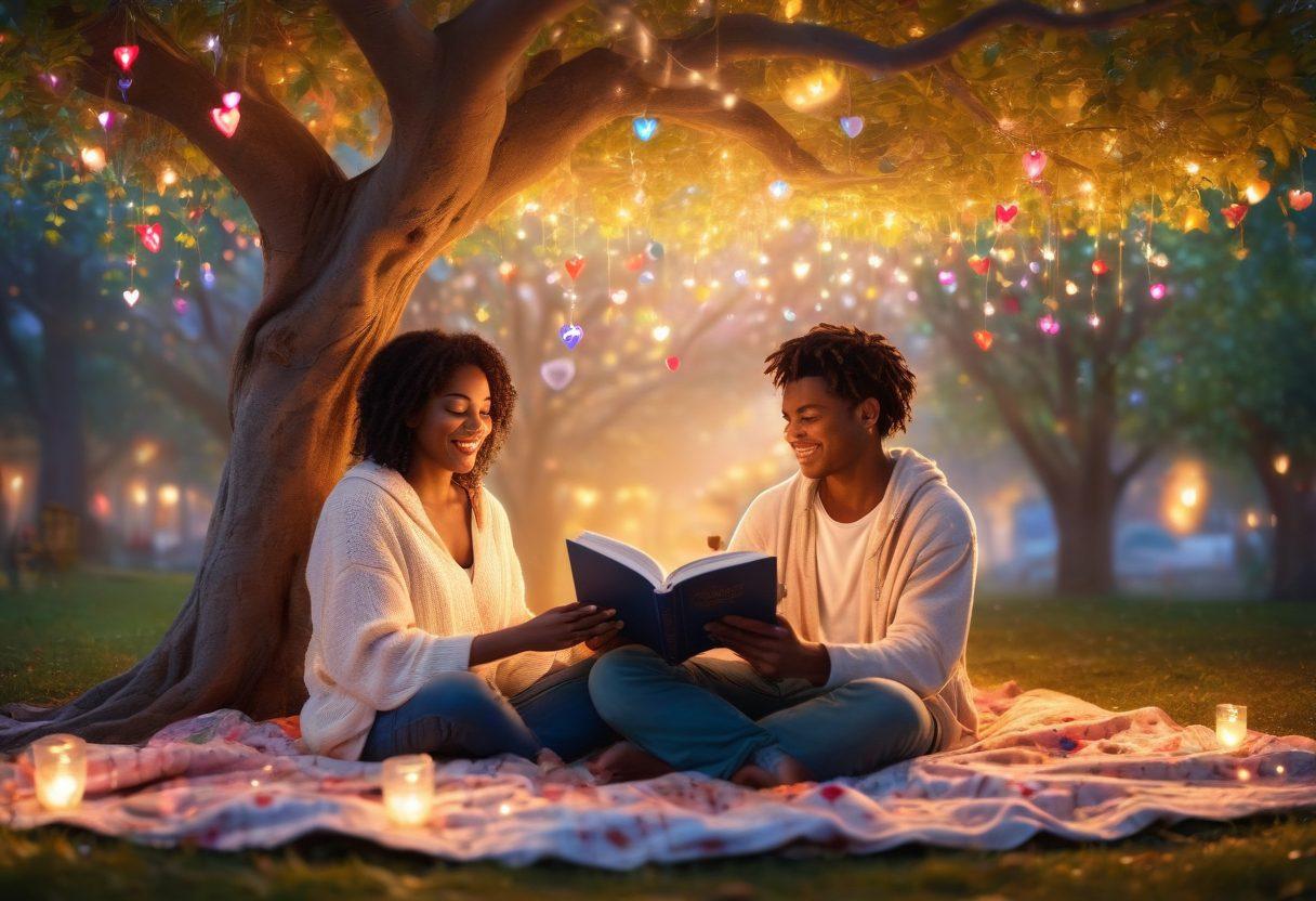 A warm, inviting scene of two diverse individuals sitting on a cozy blanket under a tree, joyfully sharing a book, surrounded by flickering fairy lights and colorful hearts floating in the air. The atmosphere is filled with a sense of connection and unity, with soft sunlight streaming through the leaves. super-realistic. vibrant colors. warm tones.