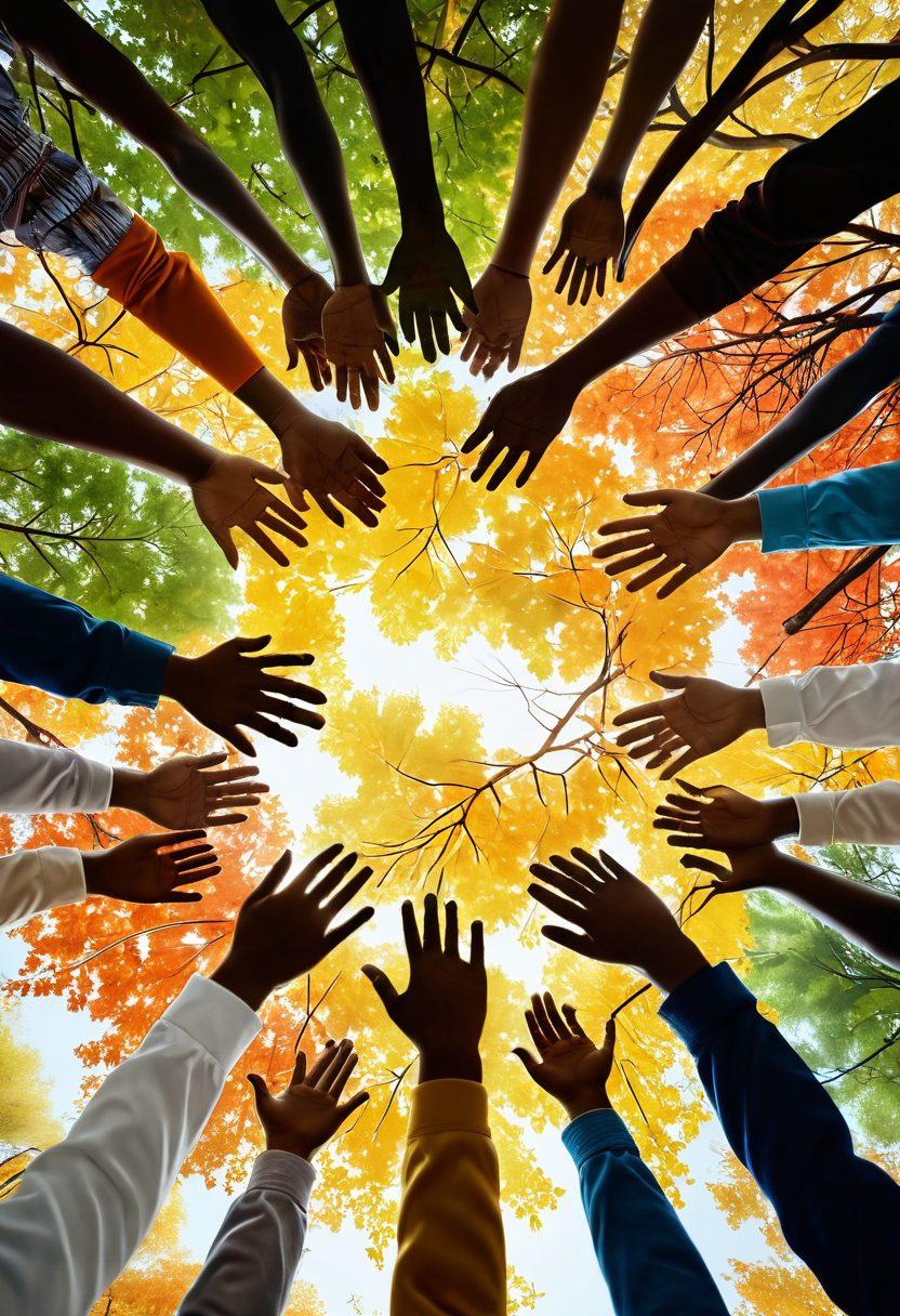 A warm and inviting scene depicting a diverse group of people engaging in a circle, sharing ideas and smiles, with a bright tree symbolizing growth in the background. Subtle heart-shaped leaves emphasize deepening bonds. Soft sunlight filters through, creating an uplifting atmosphere. Various symbols of unity, like interlocking hands and circles, subtly incorporated. vibrant colors. super-realistic.