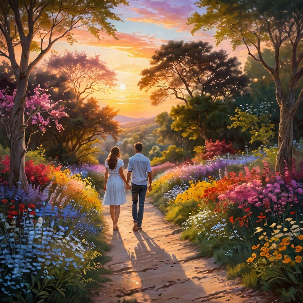 A serene landscape depicting two paths merging into one, symbolizing self-discovery and partnership. In the foreground, a diverse couple holding hands, radiating passion and emotional connection. Soft sunset lighting enhances the warmth of the scene, with vibrant flowers symbolizing growth along the paths. Dreamy and inviting atmosphere. vibrant colors. pastel tones.